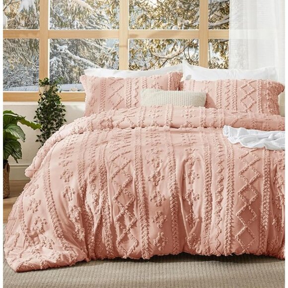 NWOT Tufted Boho Comforter Set Queen Size in Pink - Picture 1 of 13